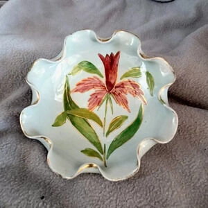 VTG Trinket Dish Bowl,Floral,Hand Painted,Gold Ruffle edge Italy Art Decor 5.5